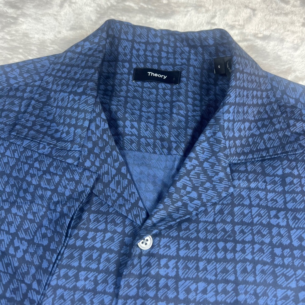 Theory‎ Men's Small Shirt Blue Cut Clover Print Noll SS Lyocell Button Up